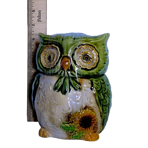 Owl Canister Jar Decorative Storage Hand Painted Ceramic Green Functional Art - Picture 9 of 16